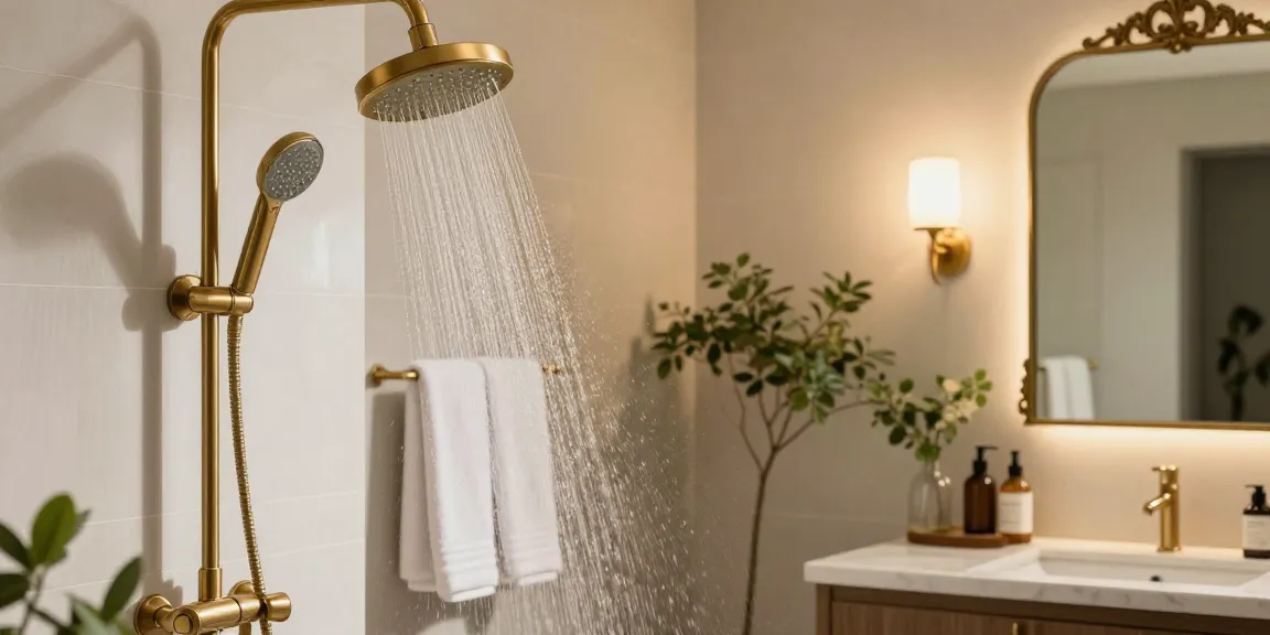 Ontspannende douche-ervaring met een regendouche messing regen douche in een moderne badkamer.