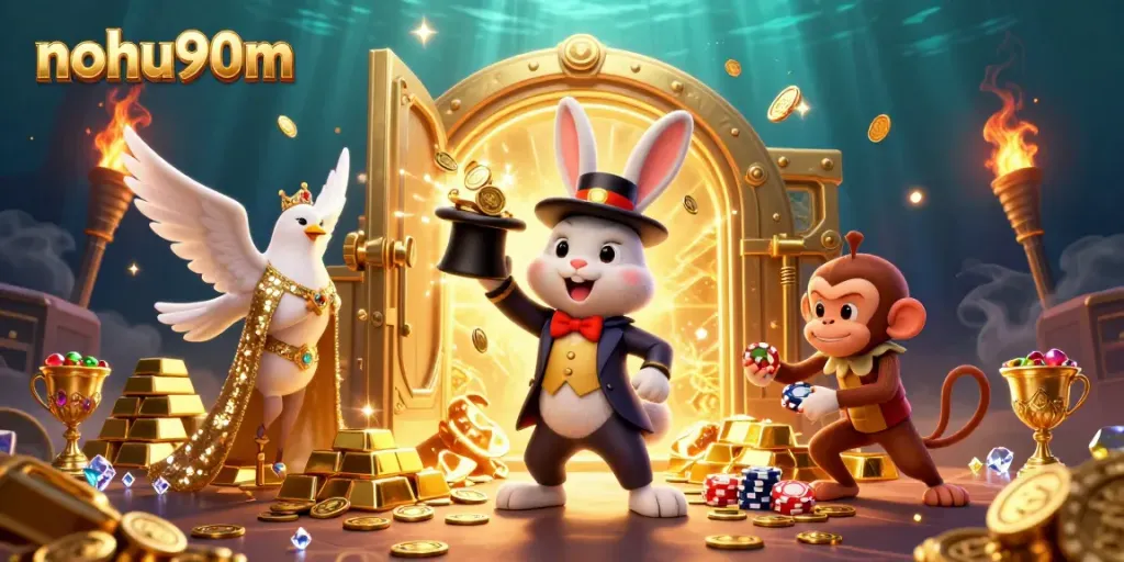 Nohu90m captures the magic of gaming with a 3D rabbit magician, coins, and poker chips in play.