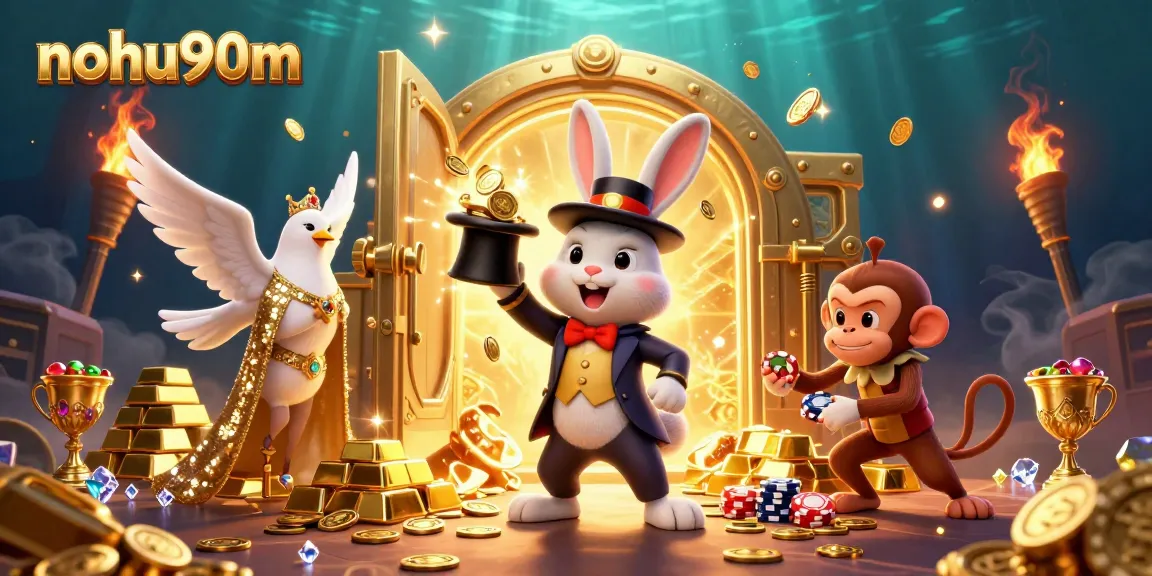 Nohu90m captures the magic of gaming with a 3D rabbit magician, coins, and poker chips in play.