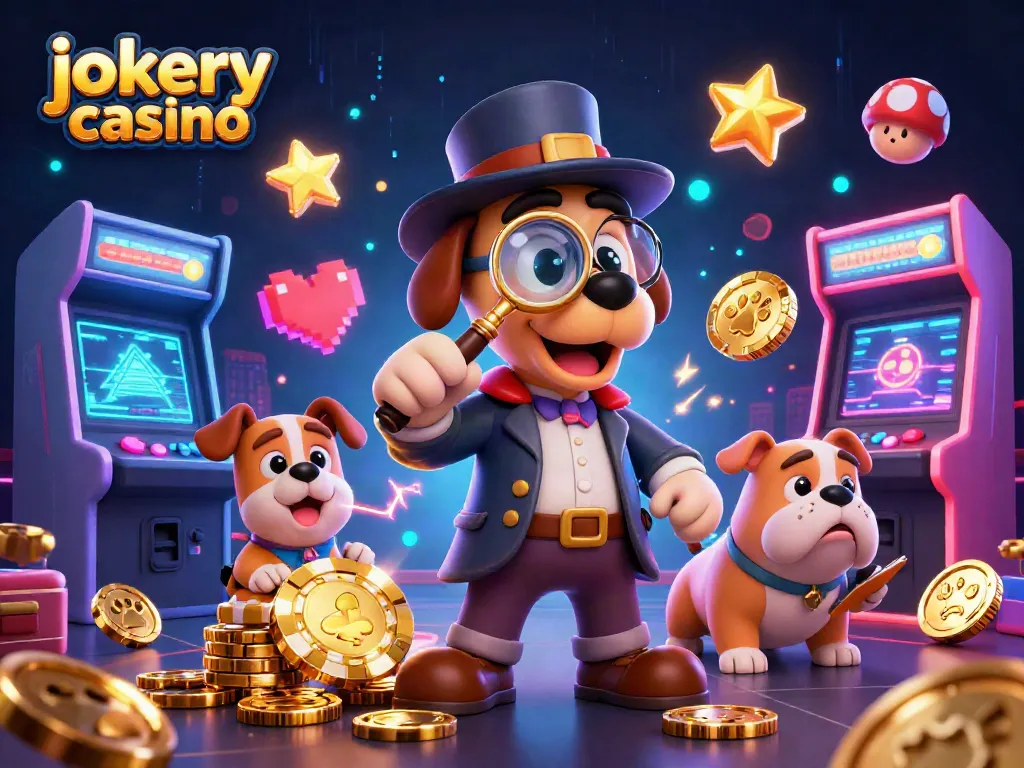 Engaging scene illustrating jokery casino with a detective bloodhound and dynamic gaming elements.