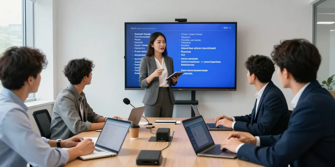 Professionelle Teamarbeit mit den besten Sprachübersetzern in einem modernen Konferenzraum erkennen und effizient kommunizieren.