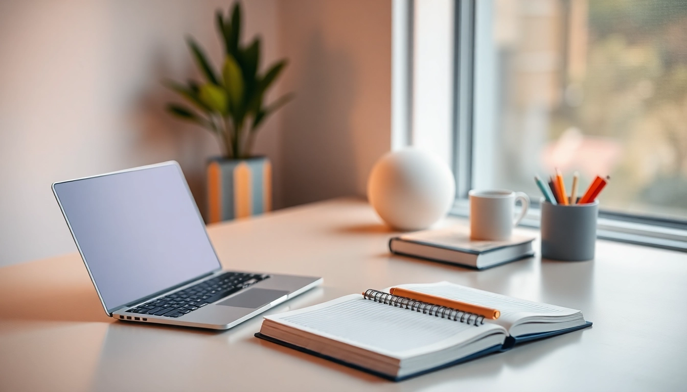 Digitales Marketing Strategien in einem inspirierenden Büro-Setup mit Laptop und Notizen.