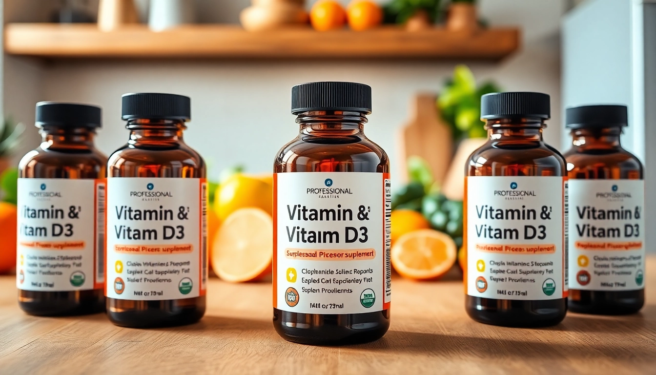 Vitamin D3 Supplement bottles on a wooden counter, symbolizing health and wellness.