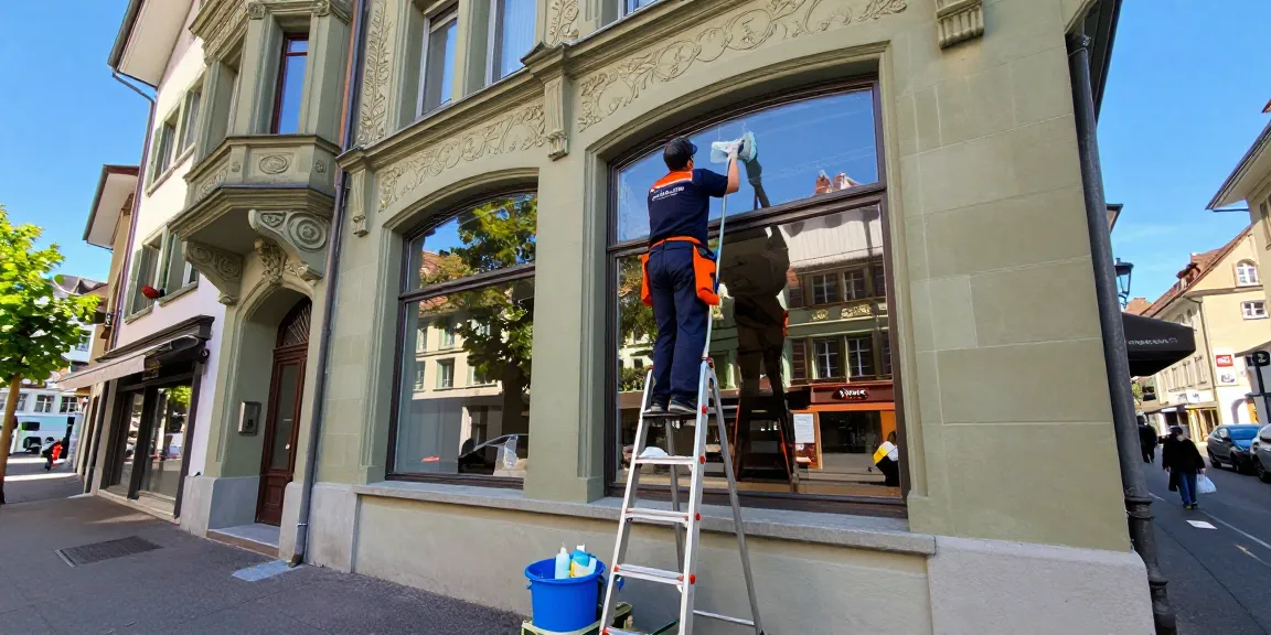 Professional fensterreinigung solothurn service with cleaner on ladder, bright sunlight reflecting off freshly cleaned windows.