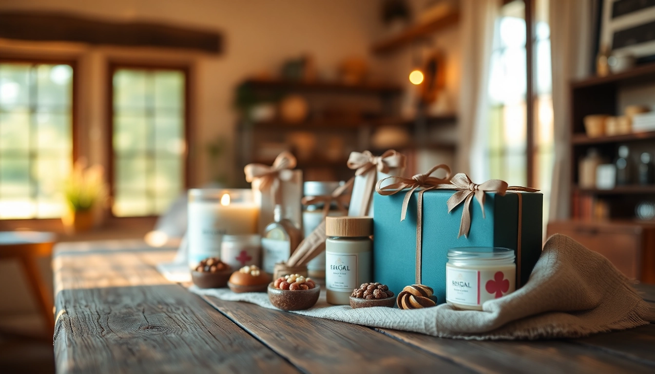 Geschenkset sorgfältig arrangiert, umgeben von stilvollem Ambiente für die perfekten Geschenke.