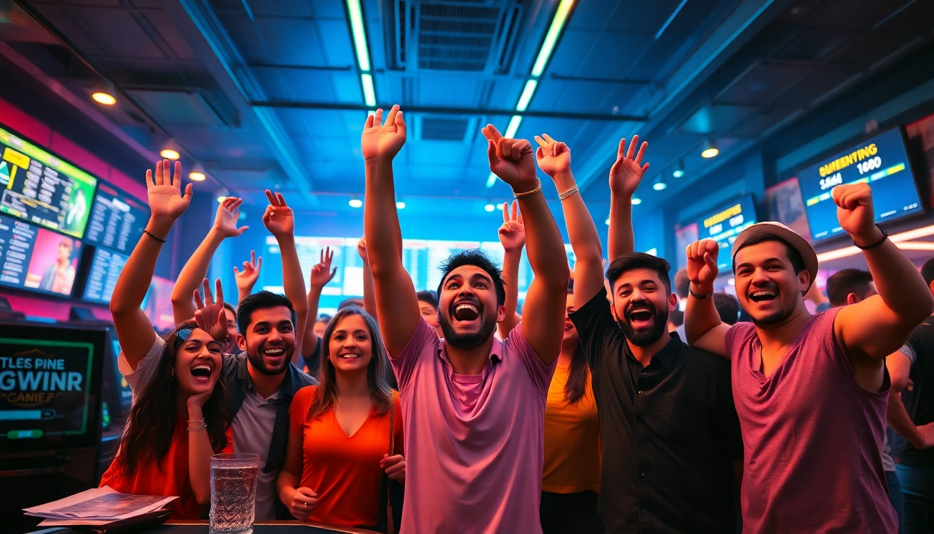 Exciting atmosphere of the beste wettanbieter with diverse people celebrating sports betting wins.