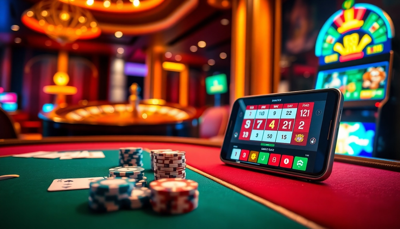 Engaging ambiance of a luxurious casino featuring games at https://e2bet-games.org, with a poker table and roulette wheel.