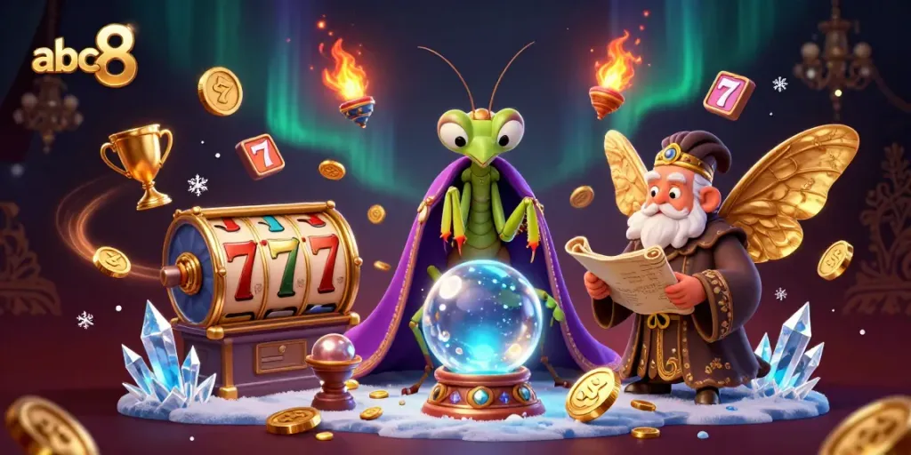 Experience the thrill of abc8 casino with a mystical fortune teller and vibrant jackpot elements.