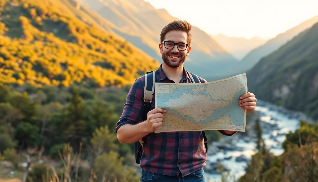 Reiseinformationen in einer kreativen Umgebung mit einem Reiseführer und einer Karte.