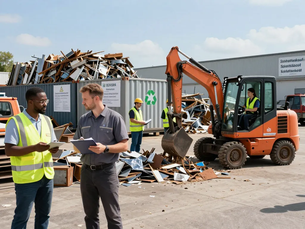 Team, das am Schrottankauf-Prozess im städtischen Recyclingzentrum mit industriellen Containern und umweltfreundlicher Beschilderung arbeitet