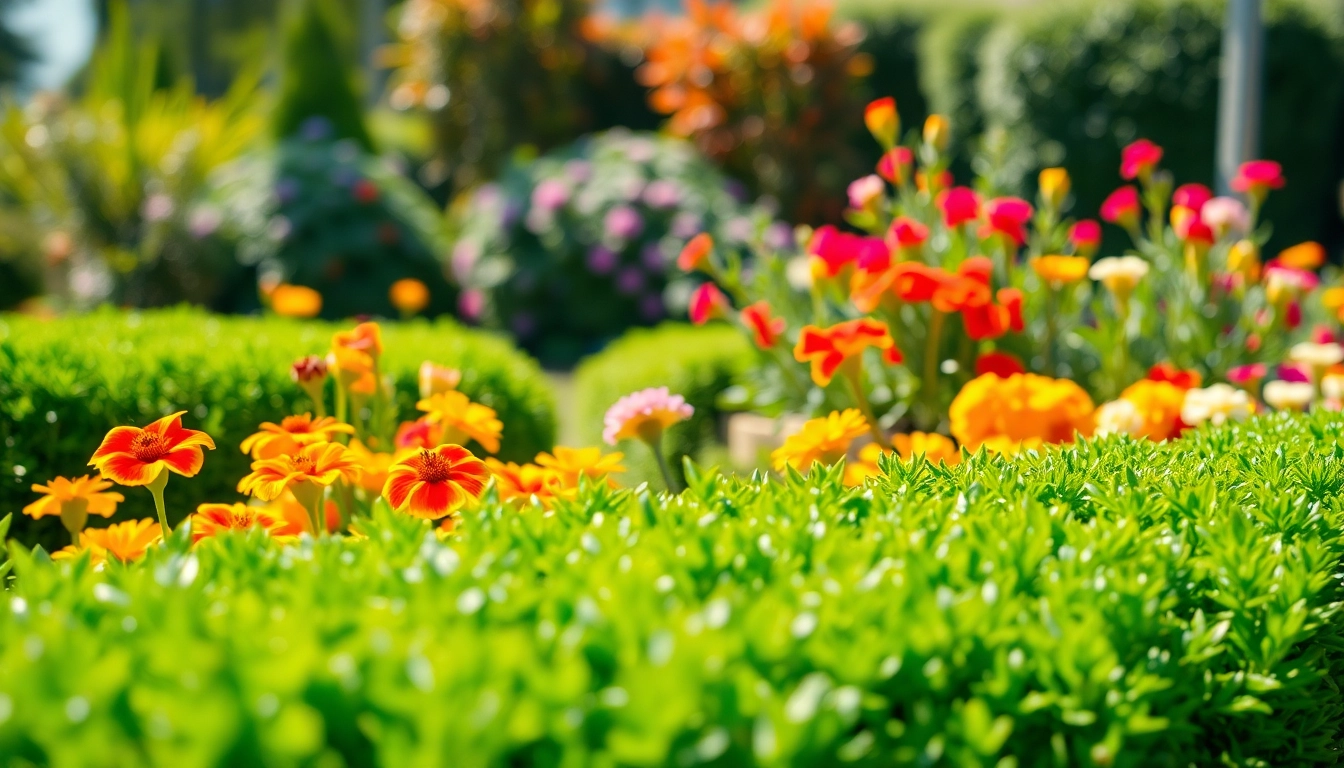 Gartenbau im Vordergrund mit blühenden Pflanzen und gepflegten Hecken in einem sonnigen Garten.