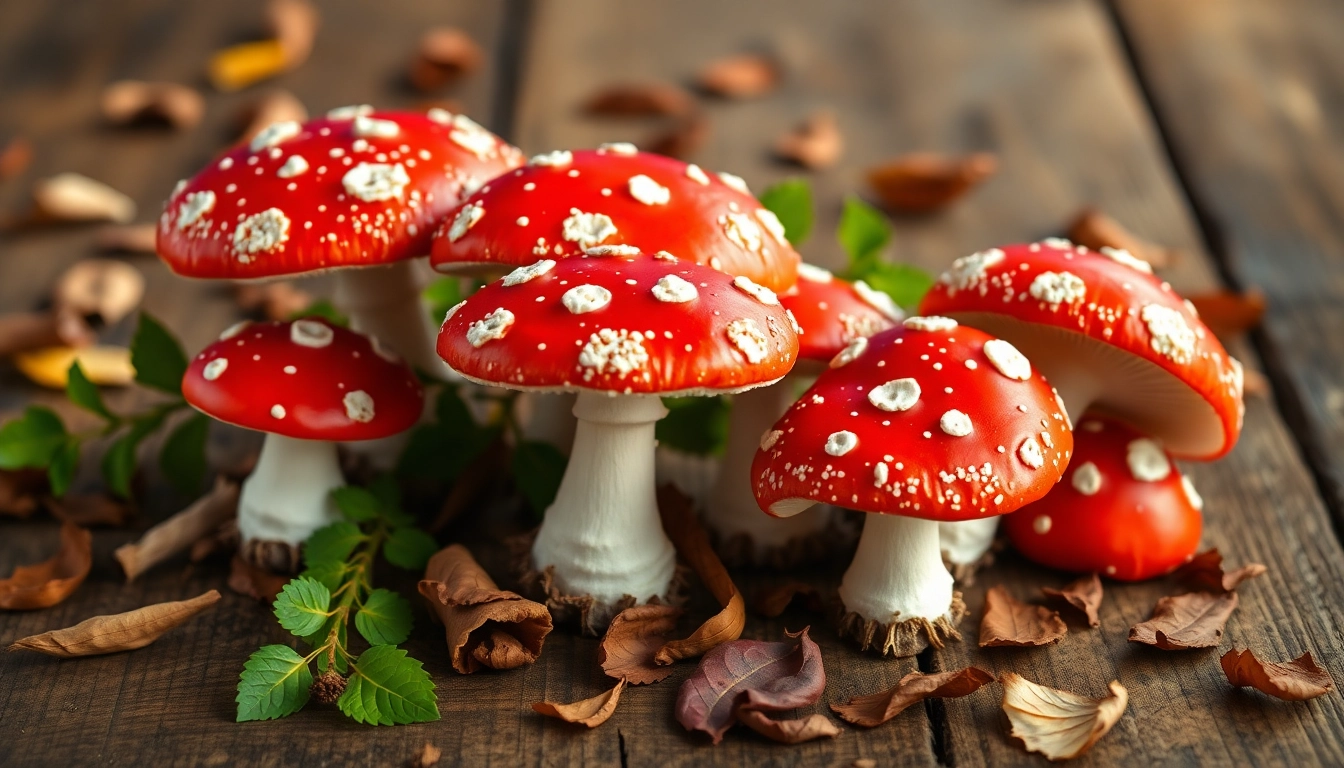 Fliegenpilz kaufen: Hochwertige Amanita muscaria Pilze auf rustikalem Tisch arrangiert