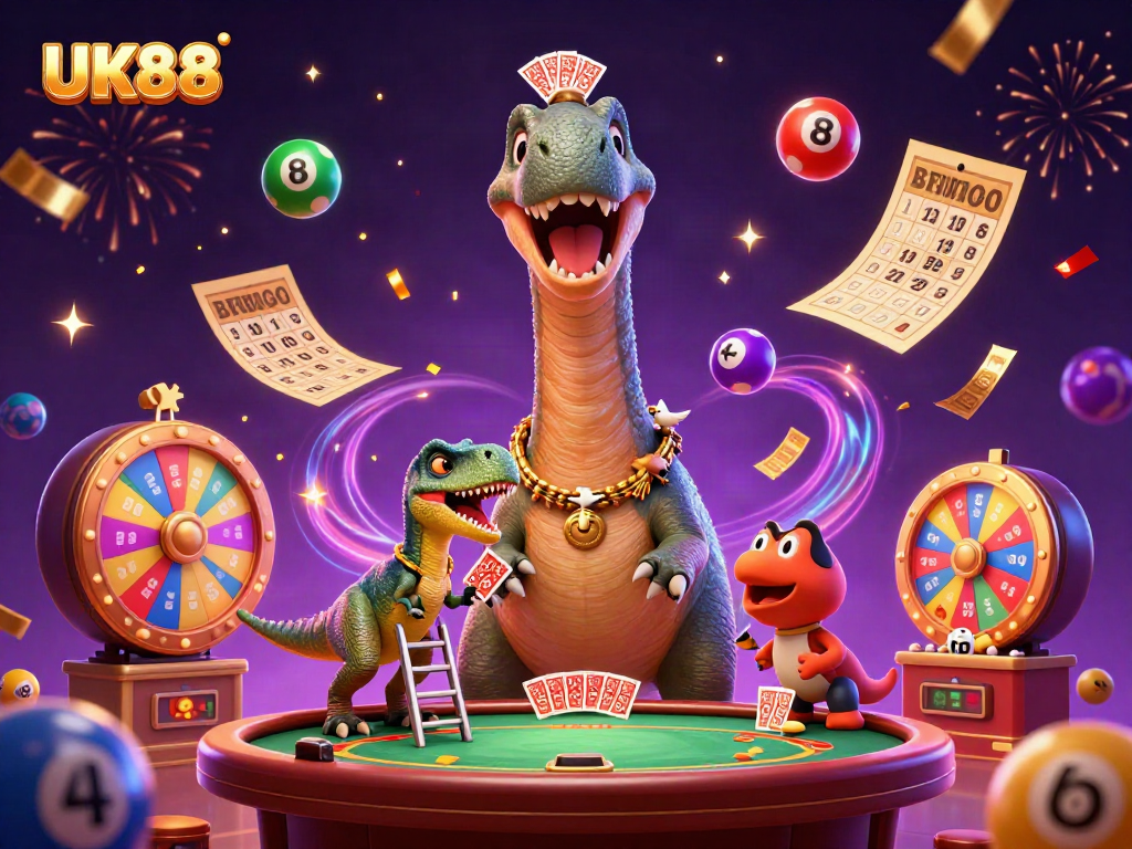 Experience thrilling gambling with UK88 featuring playful cartoon dinosaurs and vibrant game elements.