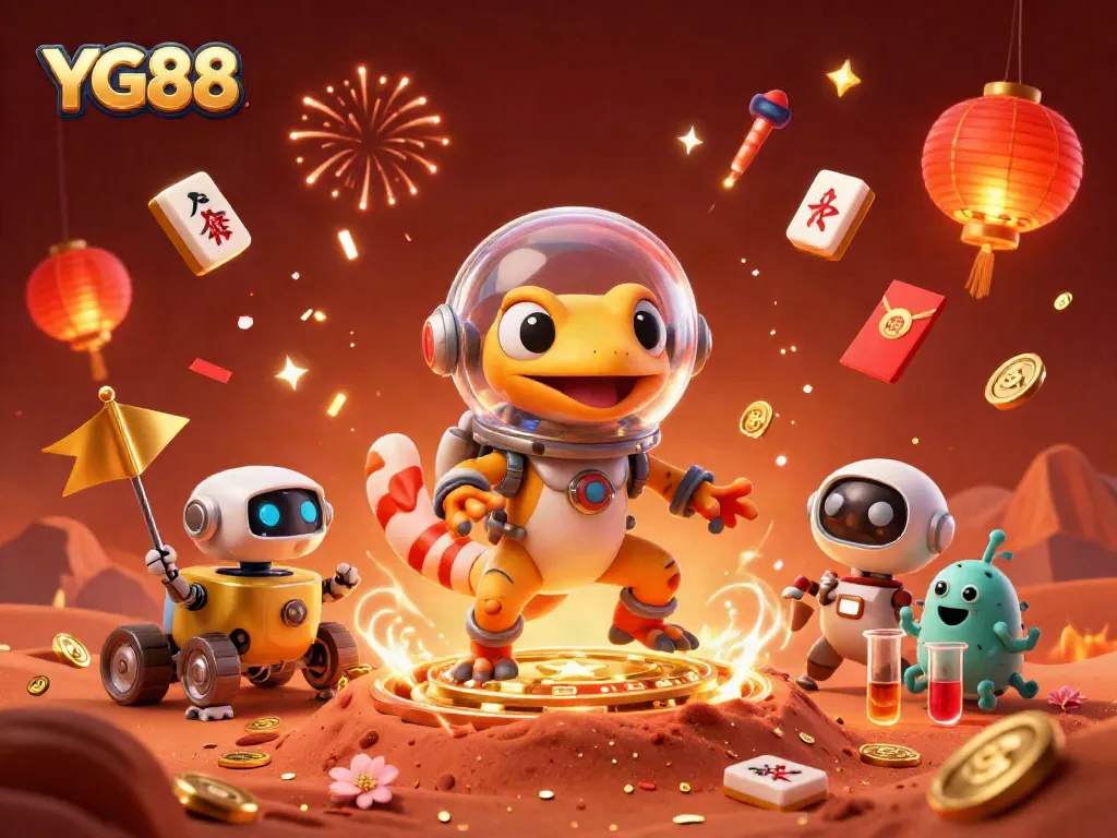 YG88 offers exciting casino adventures in a vibrant digital illustration featuring a Martian gecko and rich game elements.