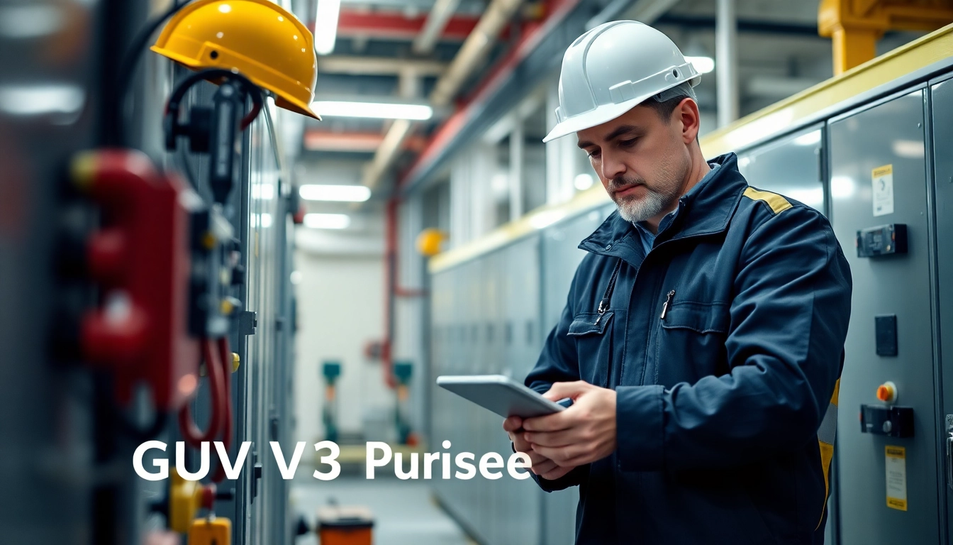 Technician performing a DGUV V3 Prüfung, showcasing safety measures and inspection tools in a professional setting.