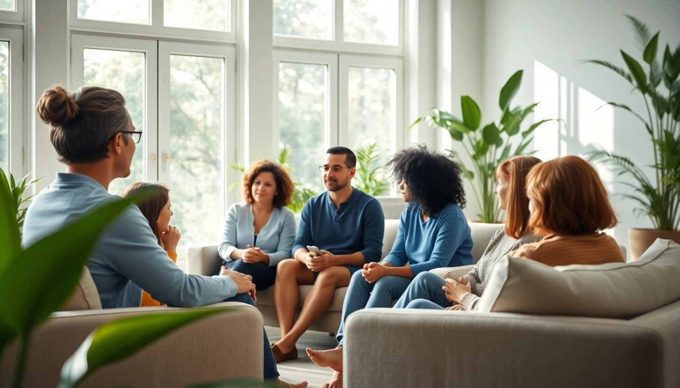 Promoting emotional wellbeing through a peaceful therapy session with diverse participants in a bright setting.