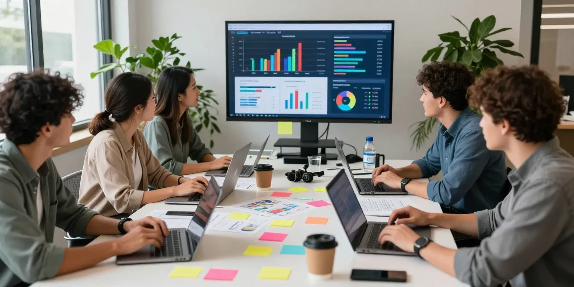 MyQuests Online-Marketing-Team arbeitet in einem lebhaften Agentur-Büro mit digitalen Geräten und Analysen zusammen.