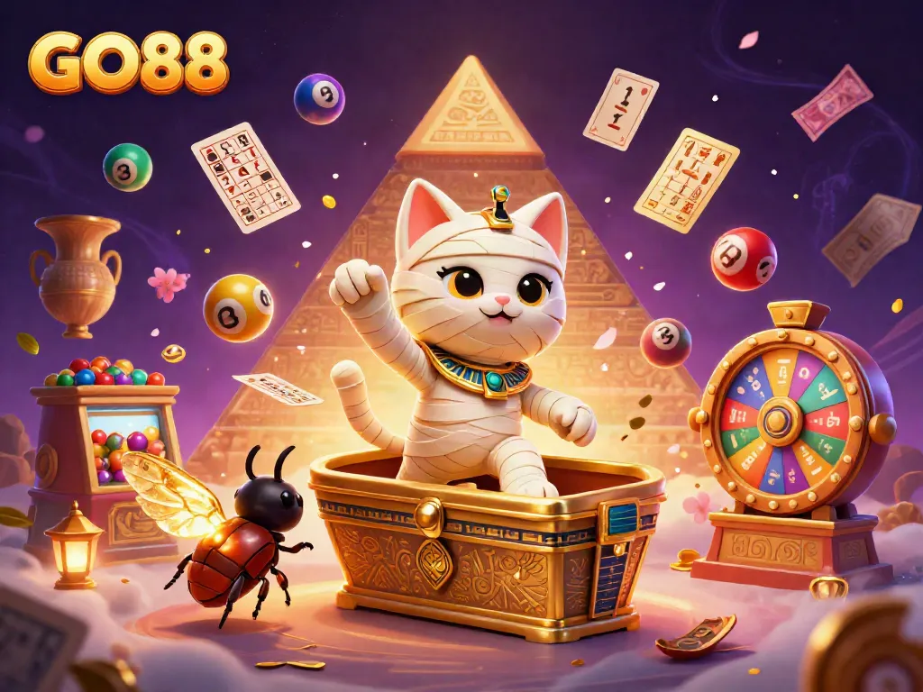 Experience the excitement of GO88 with a dynamic 3D casino scene featuring a mummy cat and lottery elements.