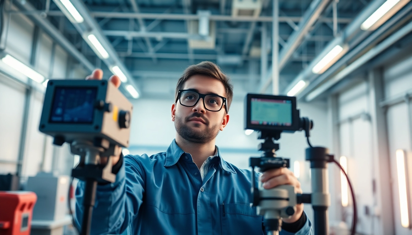 Technician performing a DGUV V3 Prüfung using high-tech equipment in a bright industrial environment.