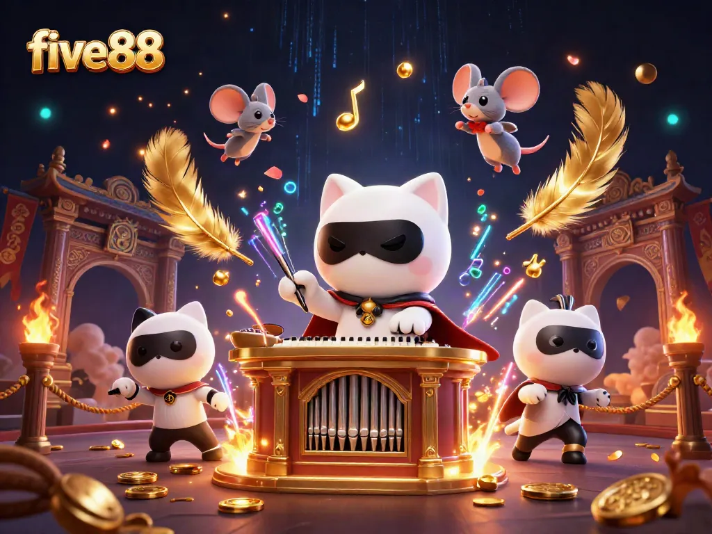 Experience the vibrant energy of five88 with a 3D cartoon cat and lively casino scene illustrating exciting gambling dynamics.