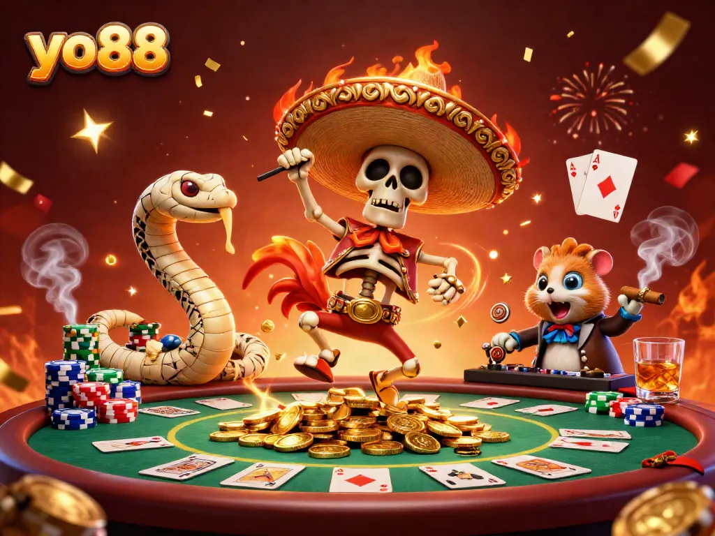 Experience exciting casino wins at yo88 with vibrant characters celebrating amid golden coins and poker games.