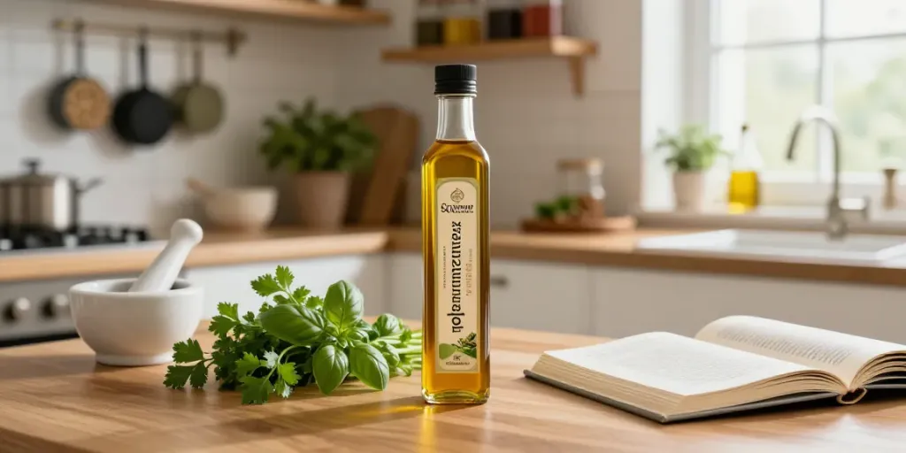 Schwarzkümmelöl in einer einladenden Küche, umgeben von frischen Kräutern und Rezeptbuch.