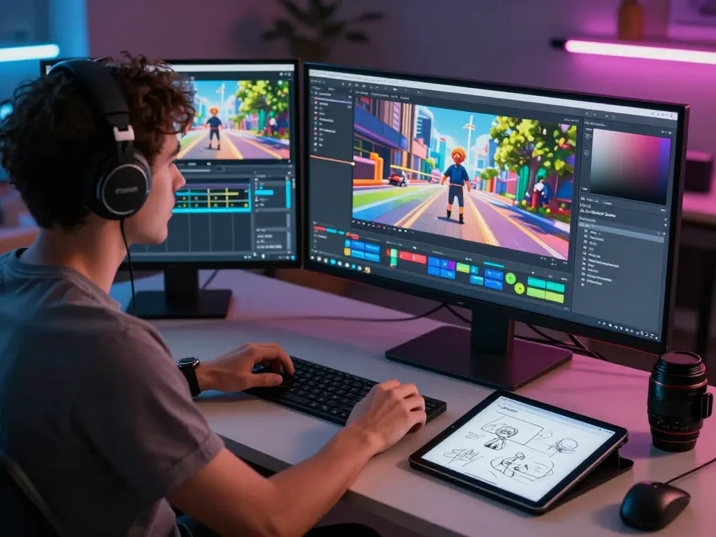 Creating AI videos with free motion control technology at a vibrant digital workspace.
