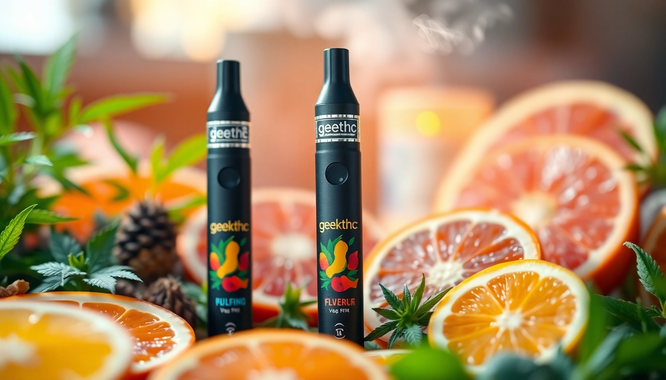 Experience geekthc's flavorful disposable vape set against a vibrant, aromatic backdrop.