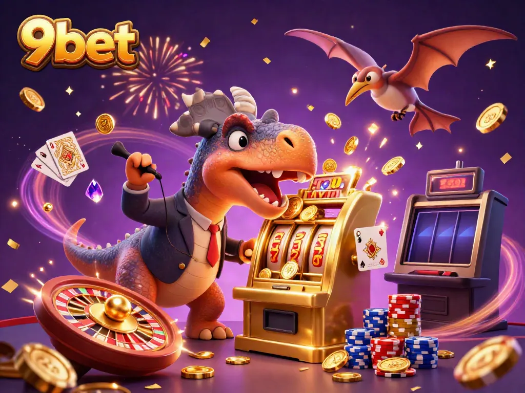Experience jackpots at 9bet as a dinosaur wins coins from a golden slot machine.