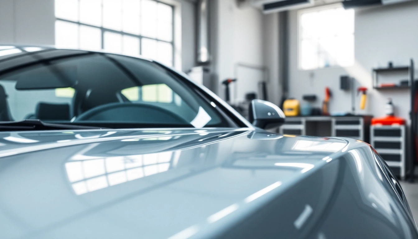Professionelle Fahrzeugaufbereitung in einem modernen Garagenumfeld mit glänzendem Auto und Reinigungswerkzeugen.