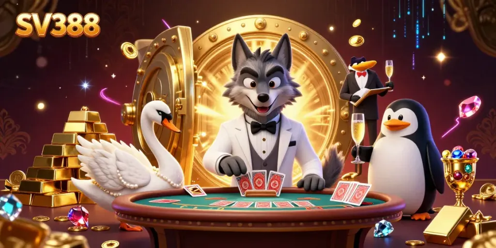 Experience the thrill of SV388's baccarat table with a debonair wolf and friends