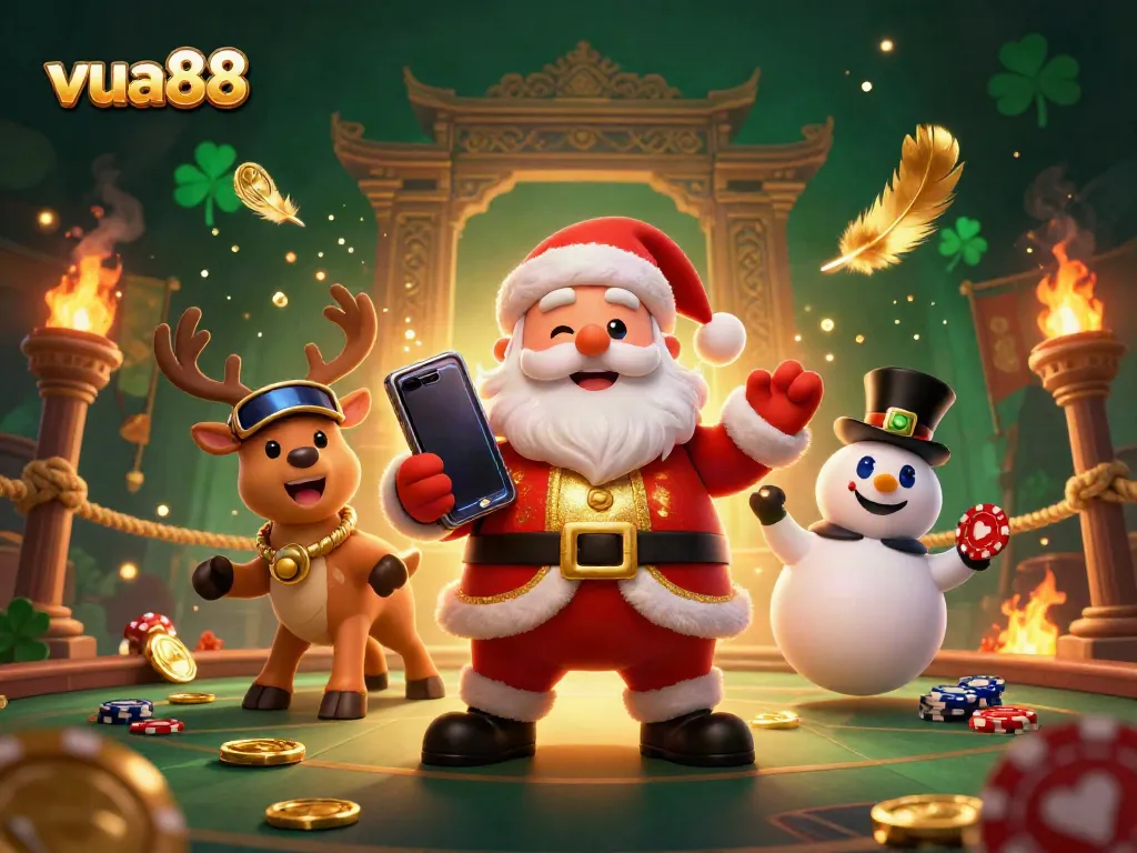 Win big with slots at vua88 featuring Santa and friends in a vibrant casino setting.