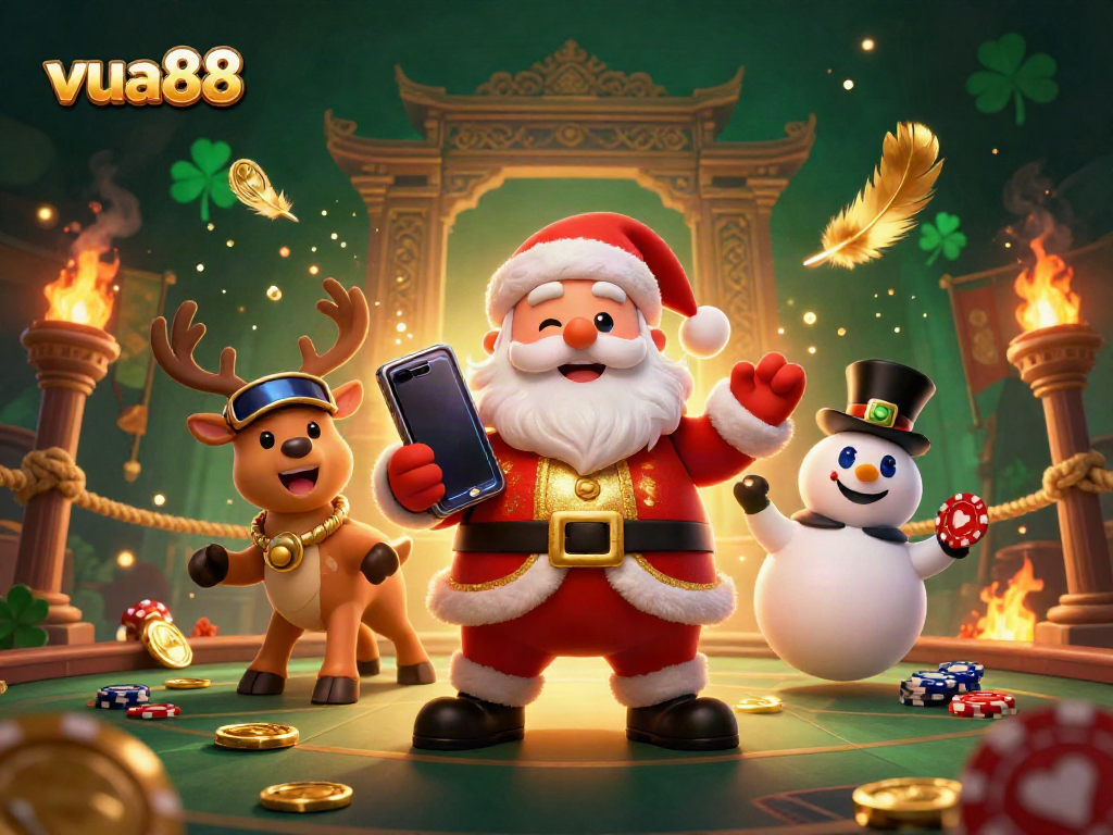 Win big with slots at vua88 featuring Santa and friends in a vibrant casino setting.
