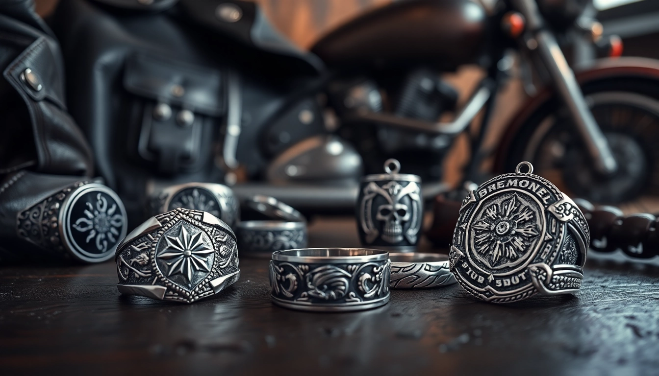 Bikerschmuck mit detailreichen Ringen und Anhängern auf einem rustikalen Tisch präsentieren