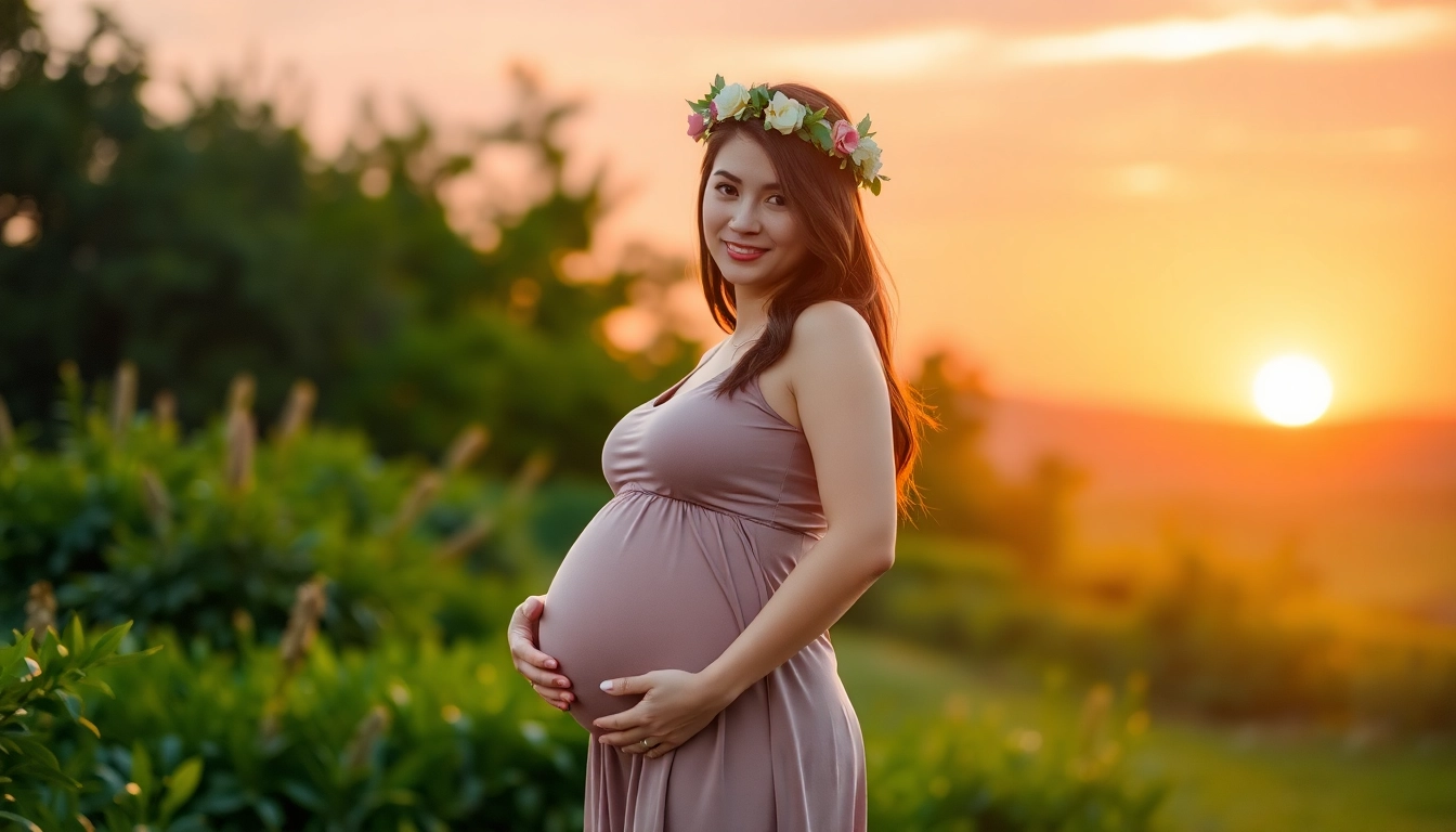 Ein Babybauch Shooting München mit einer schwangeren Frau in einer idyllischen Landschaft.