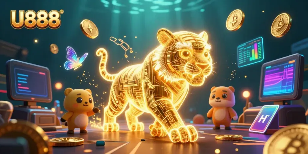 Experience a thrilling casino adventure with U888 featuring a golden tiger and crypto elements.