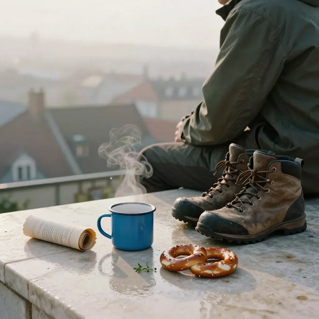 Bayerische Morgenszene auf nasser Steinterrasse mit Tasse, Brezen und Bergschuhen.