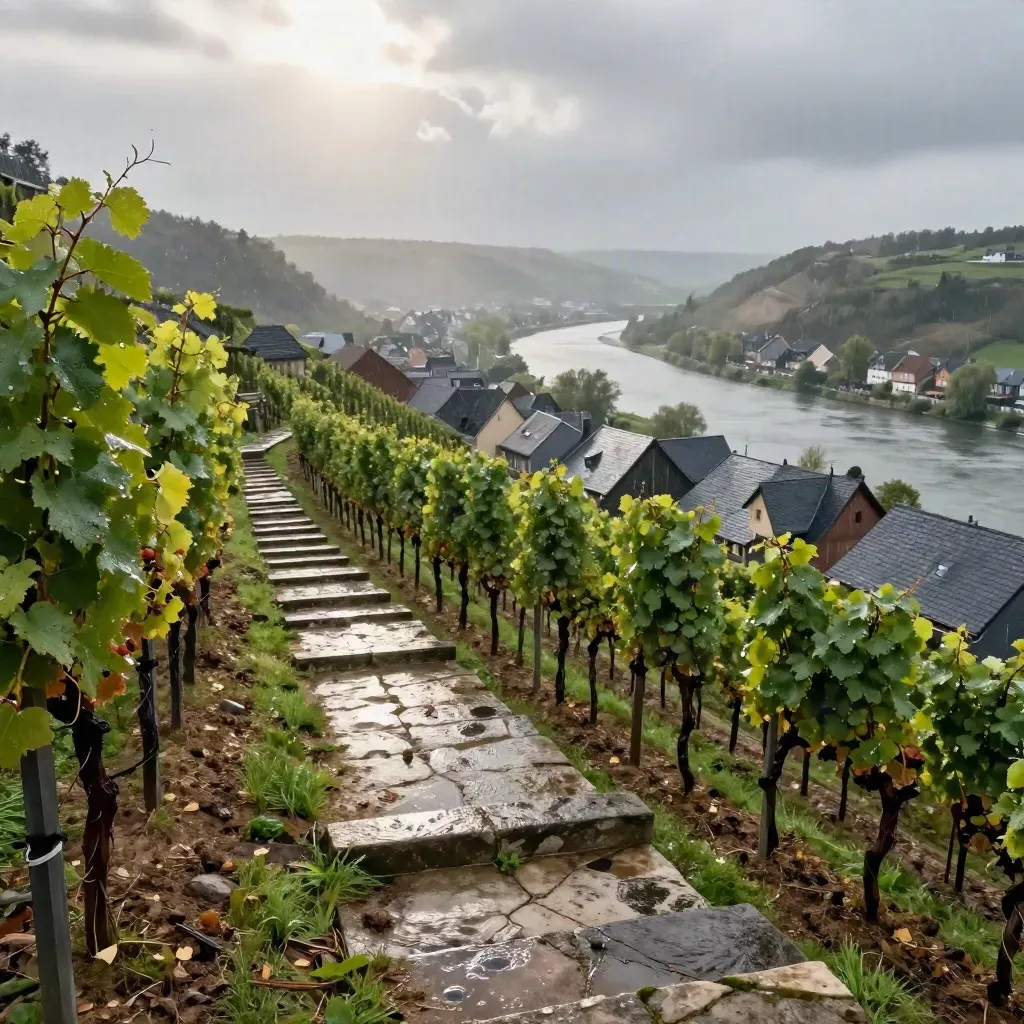 Fränkische Weinbergterrassen nach dem Regen über einer Flussstadt im Sonnenfenster.