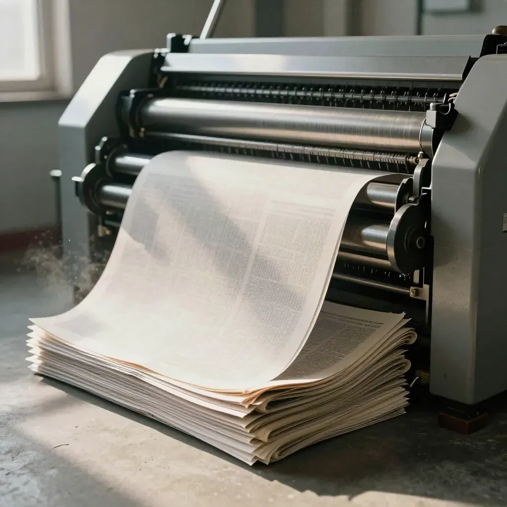 Offsetdruckmaschine mit auslaufenden Zeitungsbögen in einer modernen Druckerei.