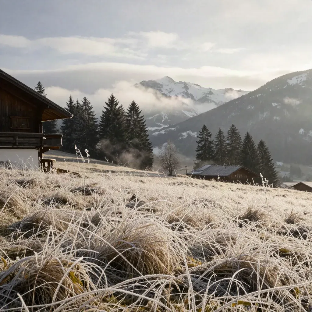 Allgäu-Almwiese im Morgenfrost mit Hütte, Fichten und schneebedecktem Grat