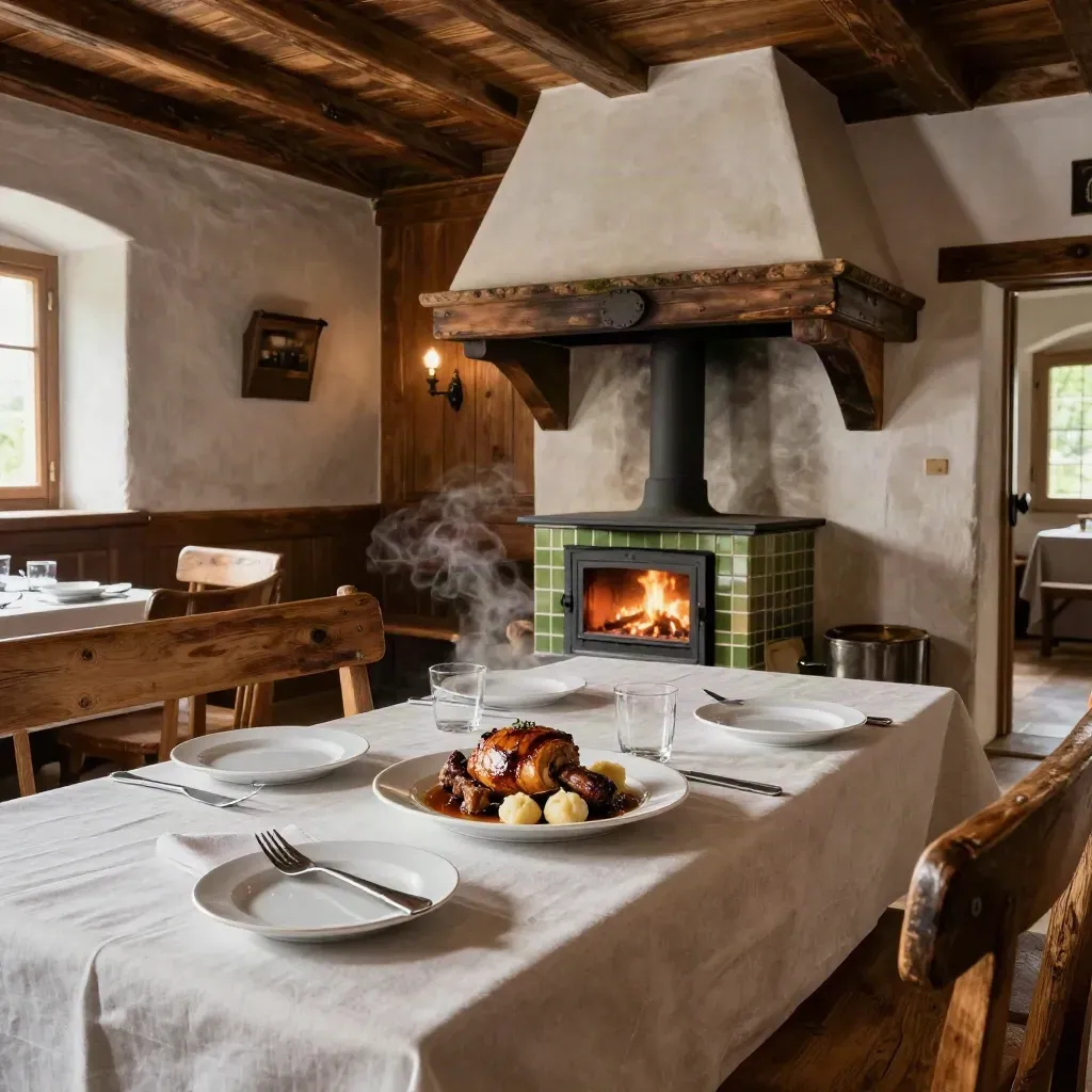 Historische bayerische Wirtsstube mit Kachelofen, Braten, Knödeln und dampfendem Tisch.