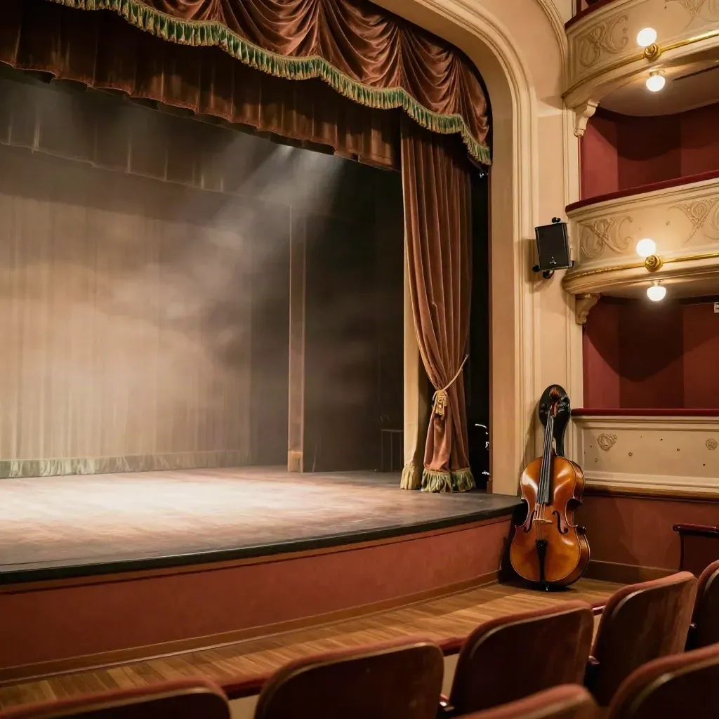 Bayerisches Theaterfoyer mit Vorhang, Lichtkegel, Cellokoffer und warmen Fußlichtern.