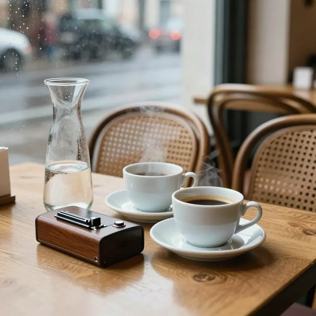 Leere Café-Ecke mit Stühlen, Kanne, Aufnahmegerät und Regen am Fenster.