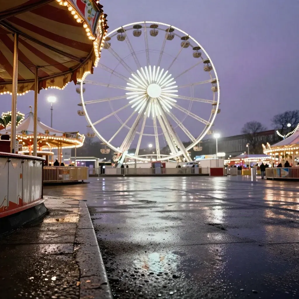 Riesenrad am Münchner Volksfestrand bei Regen, Lichter gehen an
