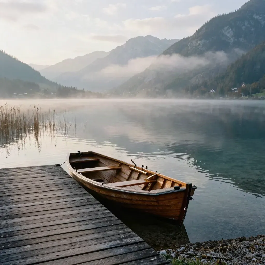 Morgendlicher Bergsee mit Holzruderboot am Steg im Nebel der Alpen.