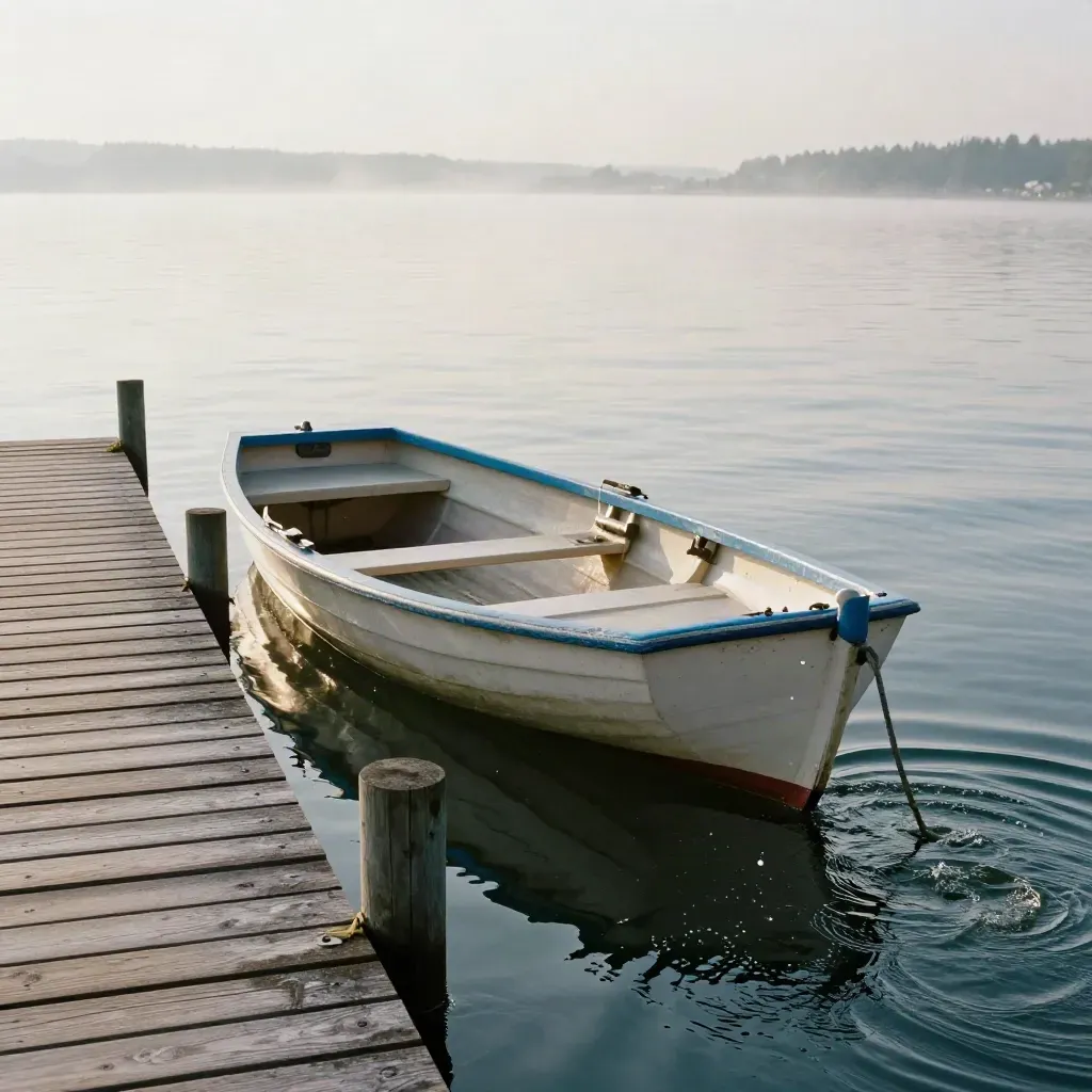 Ruderboot löst sich vom Steg, Wellen laufen über den stillen Oberbayernsee.