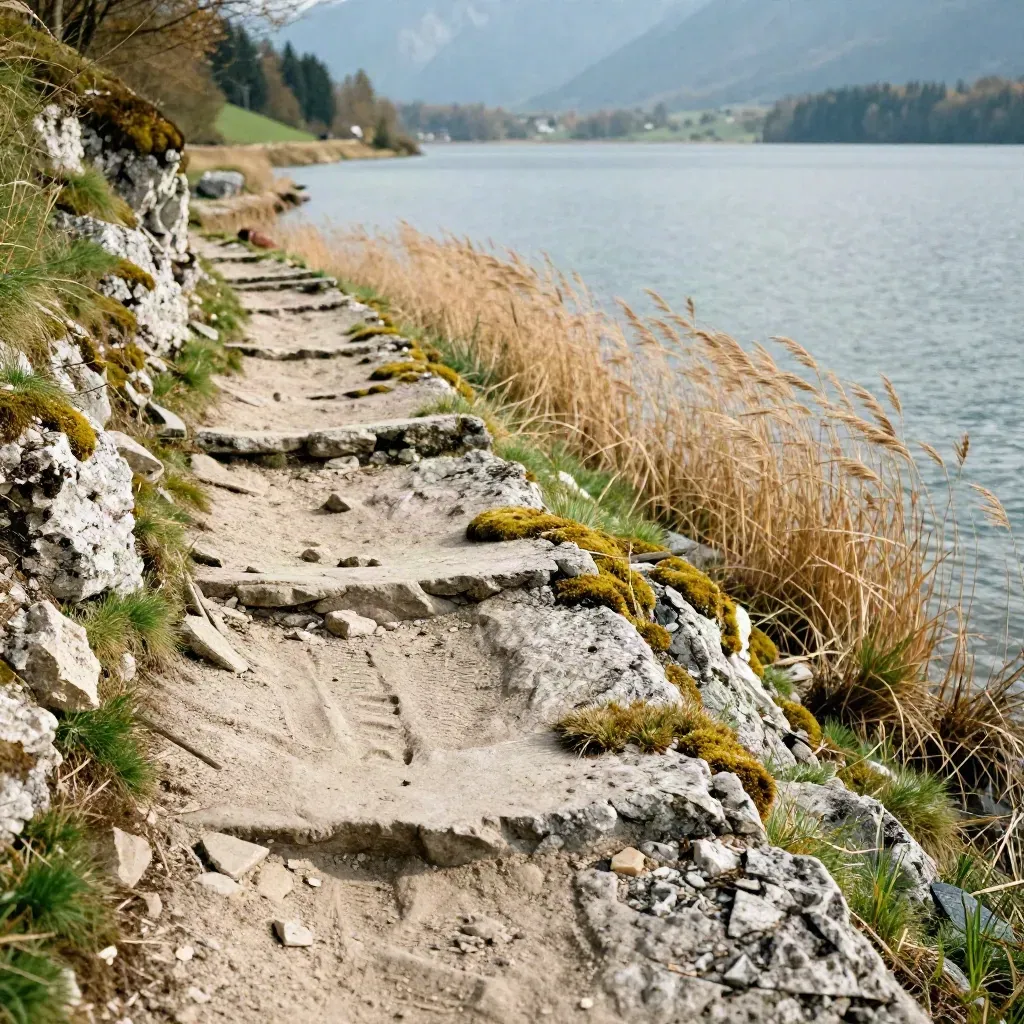 Steiler Uferpfad am bayerischen See mit Stufen, Steinen, Schilf und weitem Wasserblick.