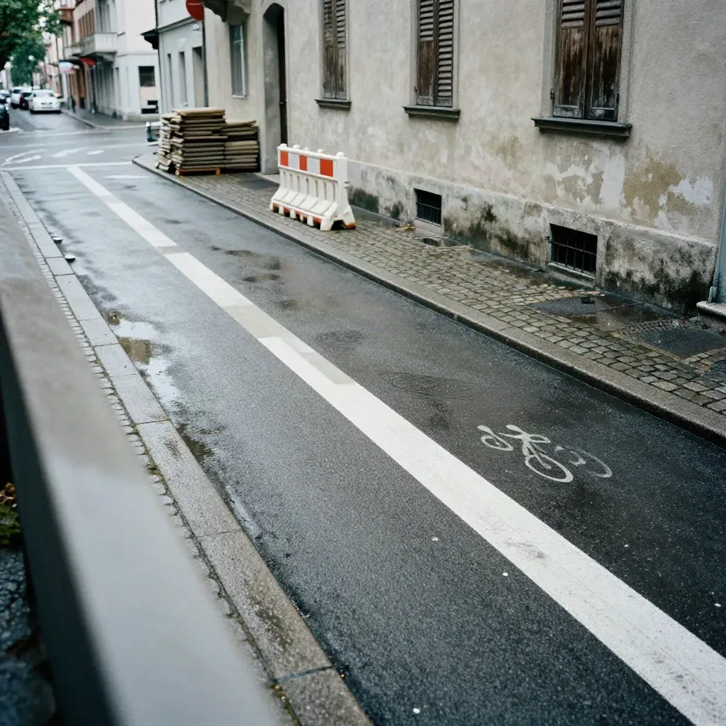 Münchner Straße nach Regen mit neuer Radspur, Pflaster, Baustellenbarriere und alter Fassade