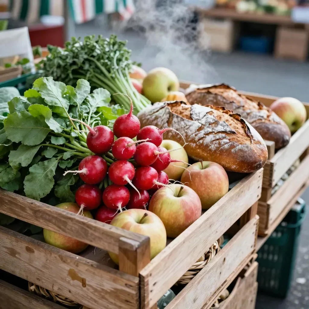 Radieschen, Äpfel, Kräuter und Brot im Wochenmarkt von oben