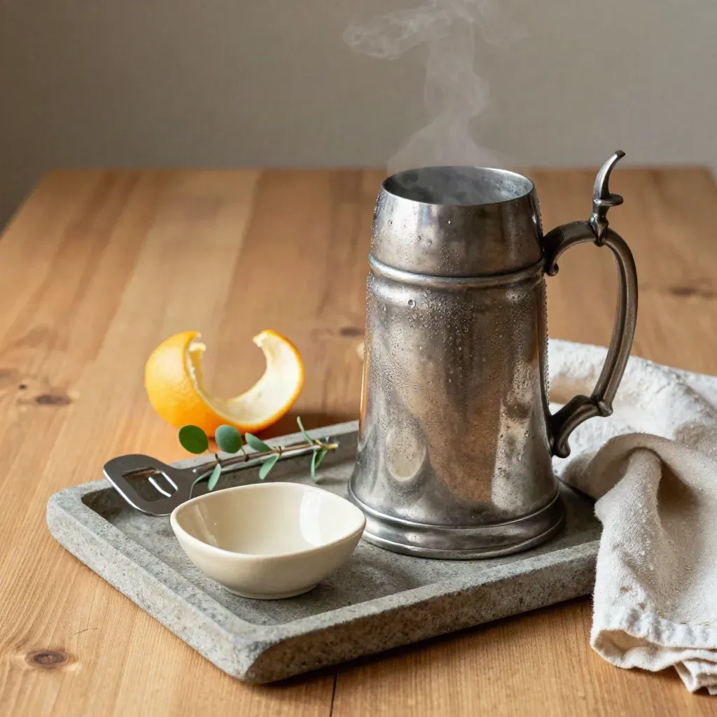 Pewter-Bierkrug mit Flaschenöffner, Zitronenzeste und Kräuterzweig auf Holzbord.